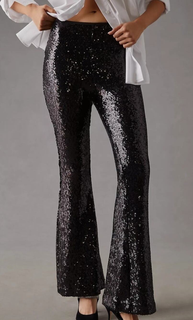 Anthropologie Joni Sequin Flare Pants Poly Stretch Lined Black Size 4 Petite
